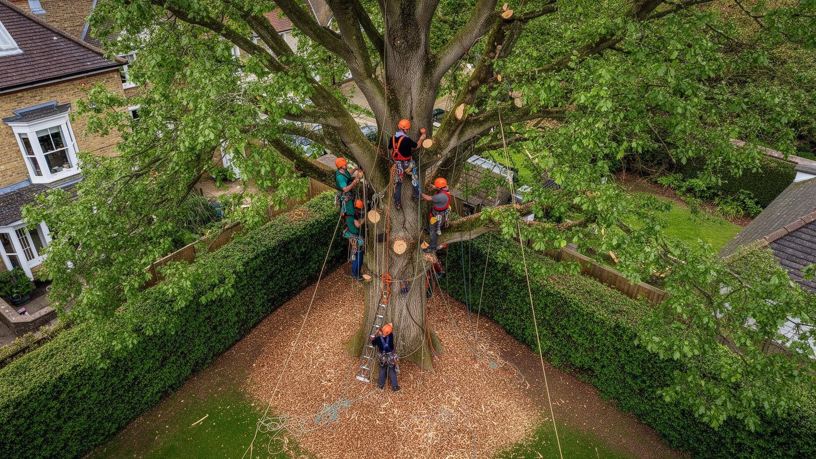 Tree surgeon working on a tree in a UK garden