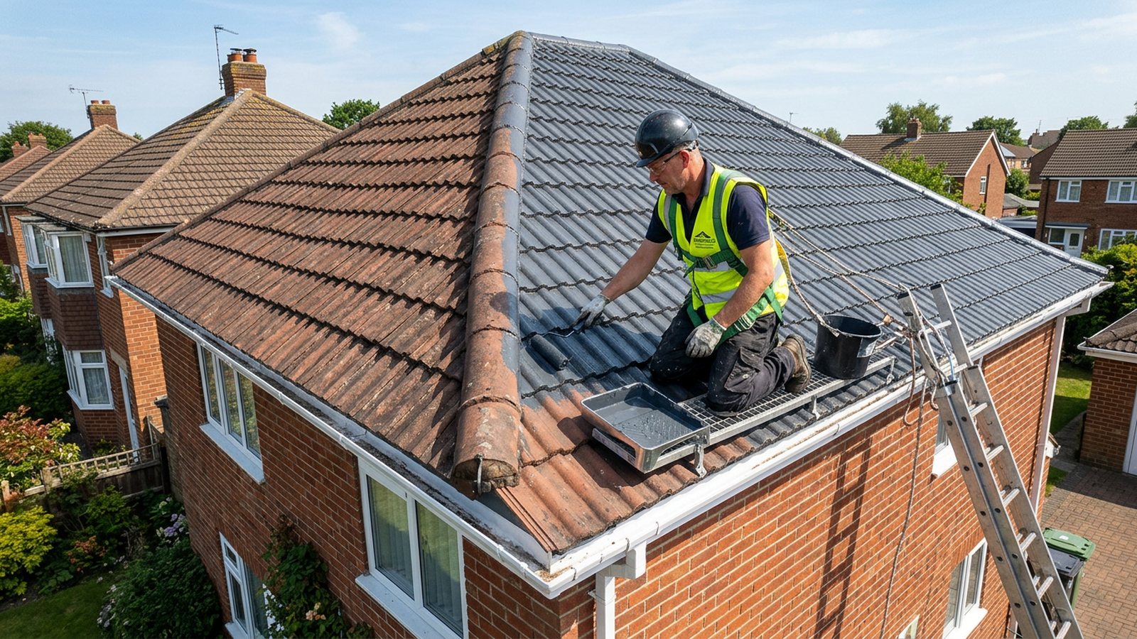 Roof being painted and sealed on a UK house