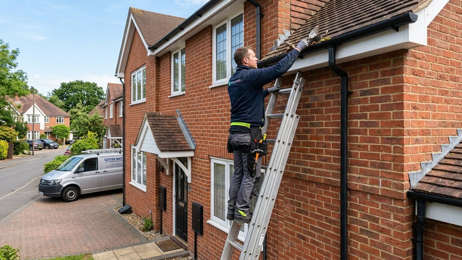 Tradesman on a ladder working on a UK house exterior