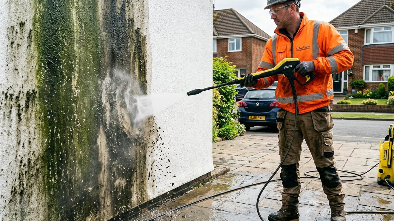 Mould being removed from rendered wall of a UK house