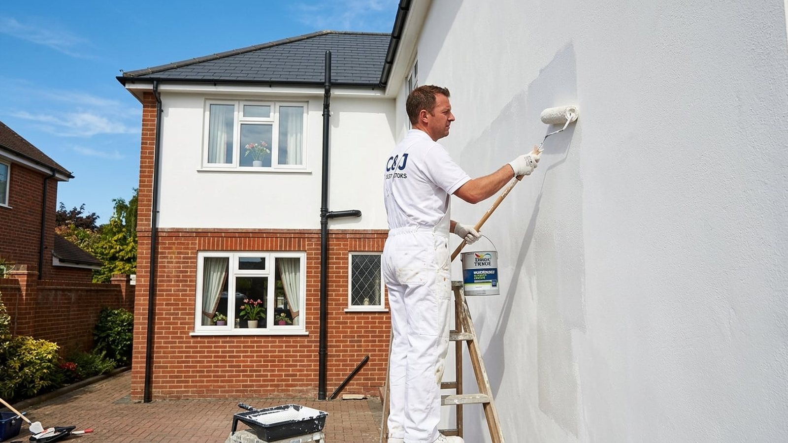 Painter painting the exterior wall of a UK house