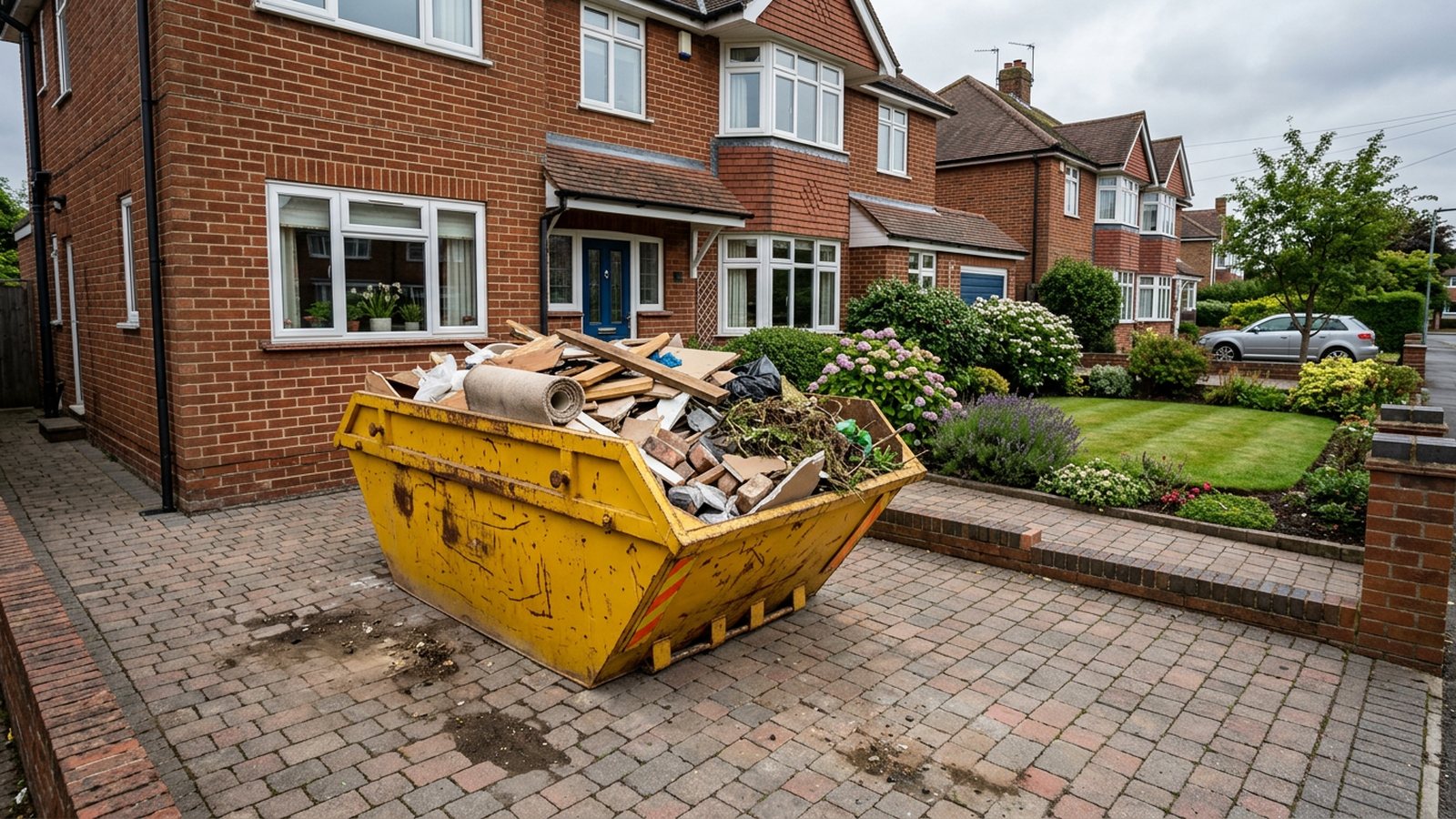 Builders waste cleared into a skip at a UK house