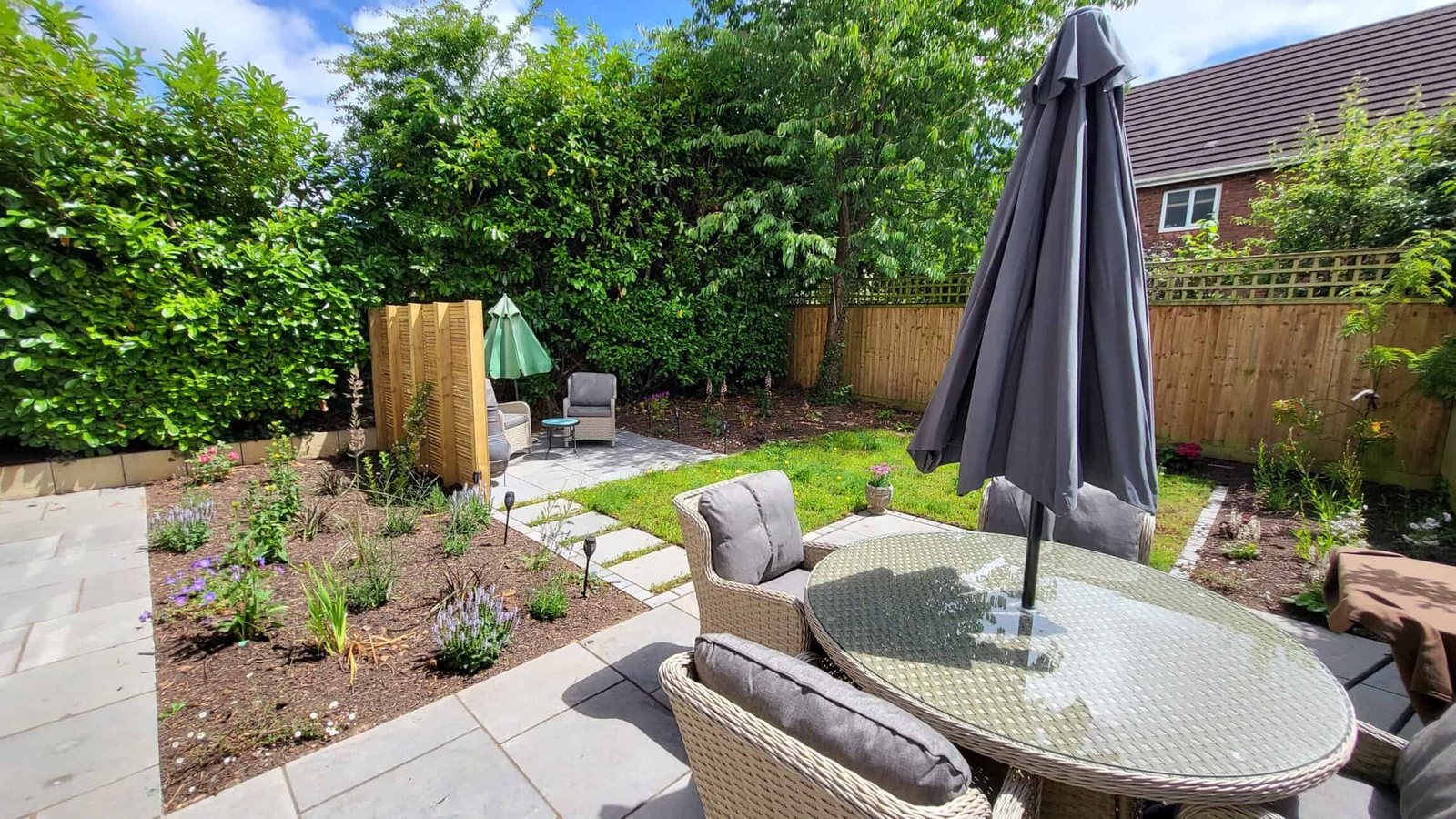 Newly laid patio in a UK garden