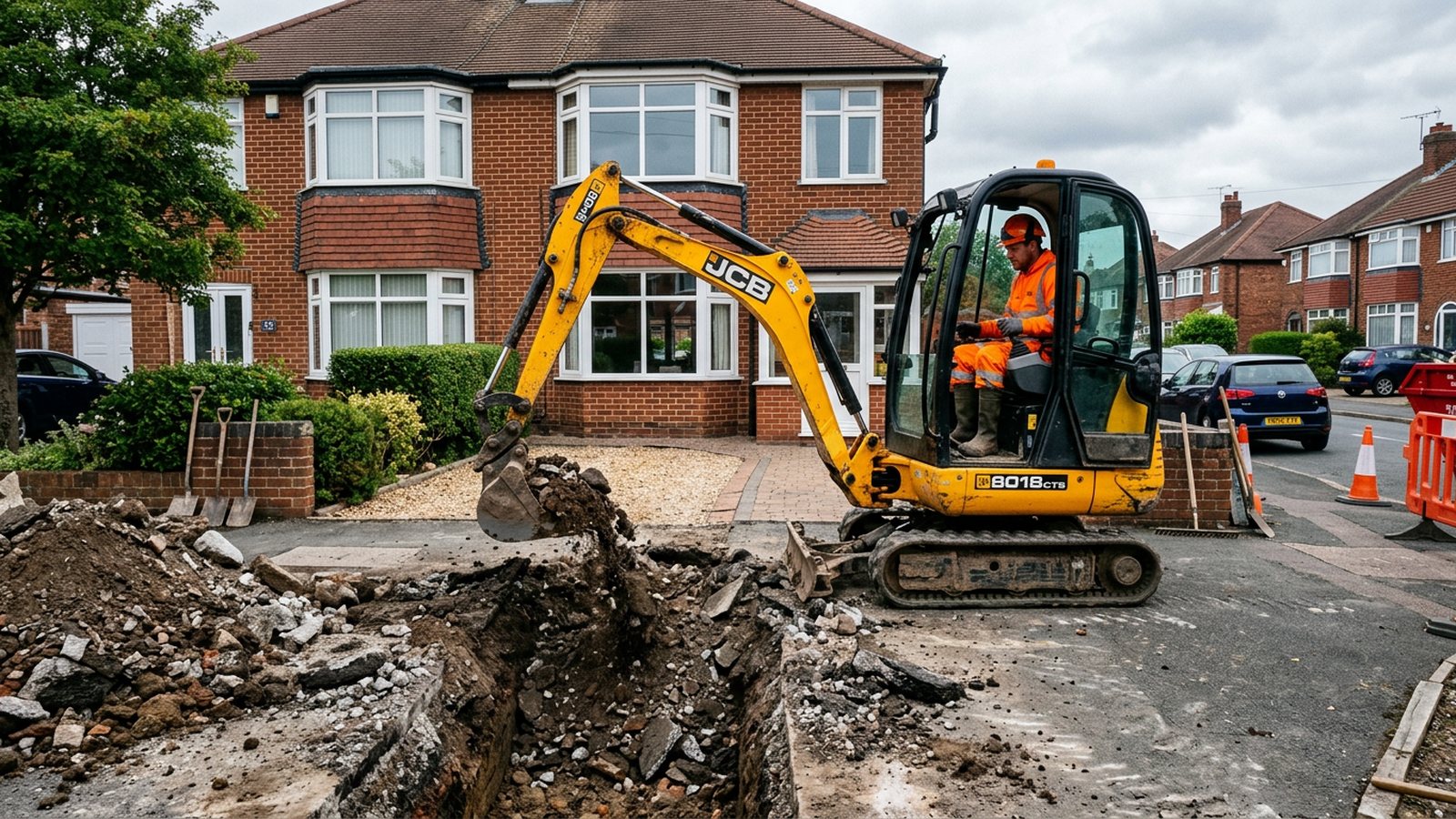 Mini digger excavating a driveway at a UK property