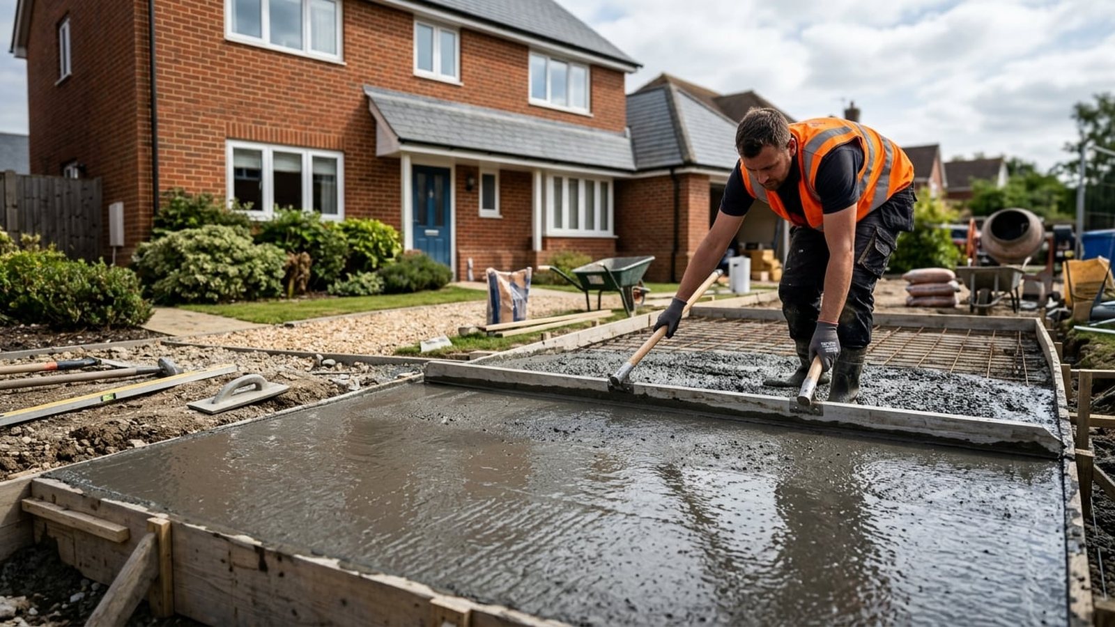 Concrete base being laid for a new UK driveway