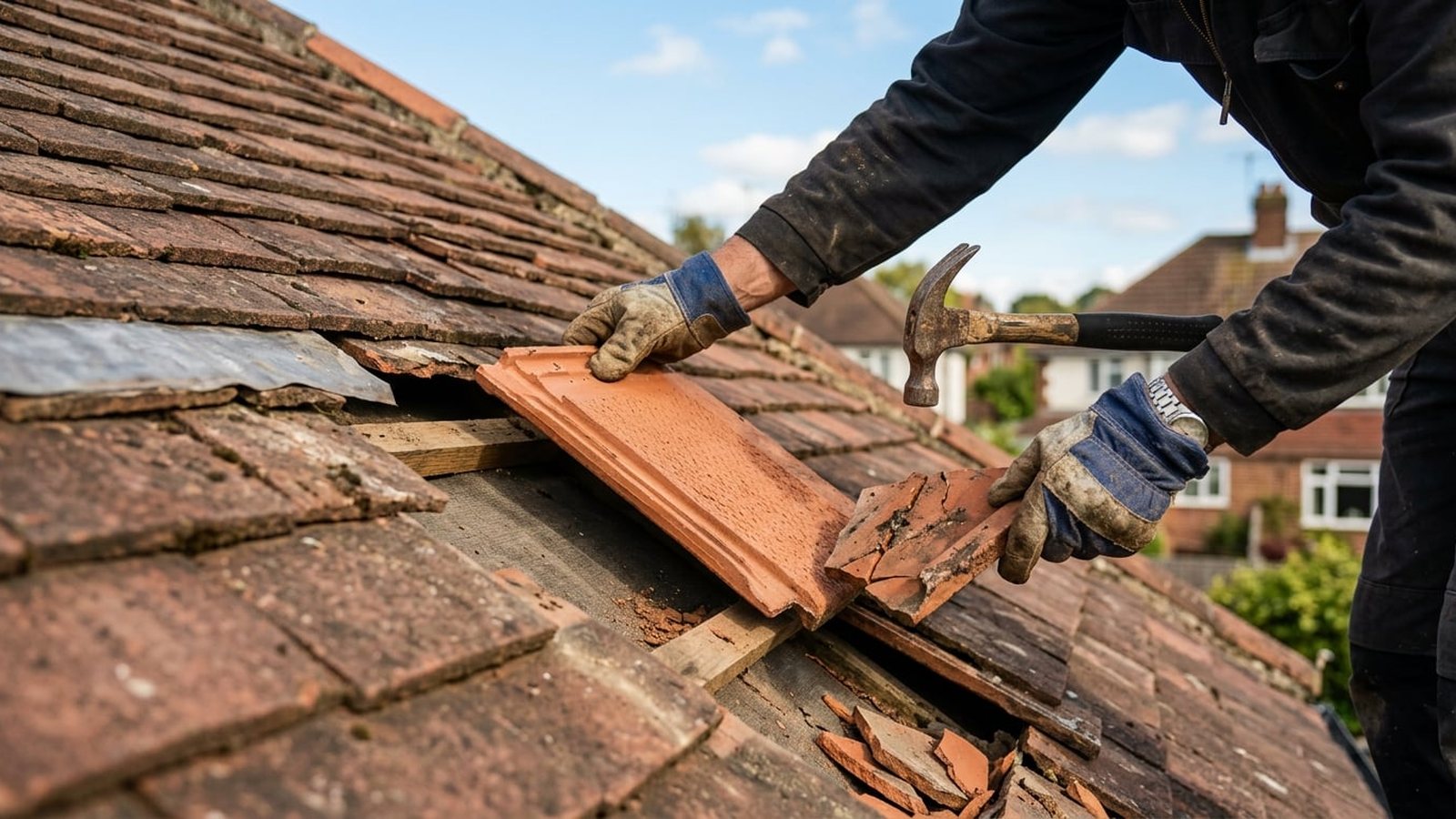 Roofer replacing damaged roof tiles on a UK pitched roof